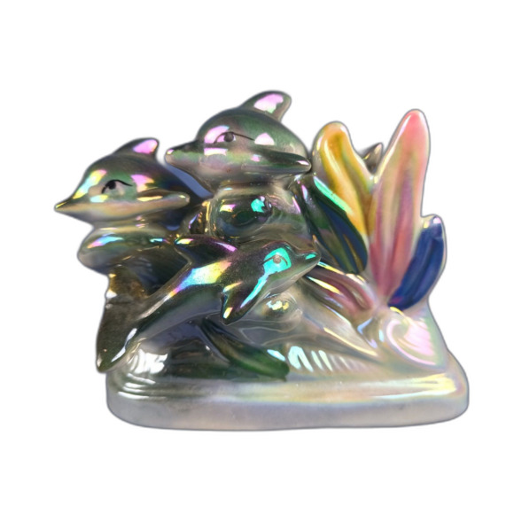 Iridescent Dolphin Family With Rainbow Splashing Waves Ceramic Figurine - Picture 1 of 8